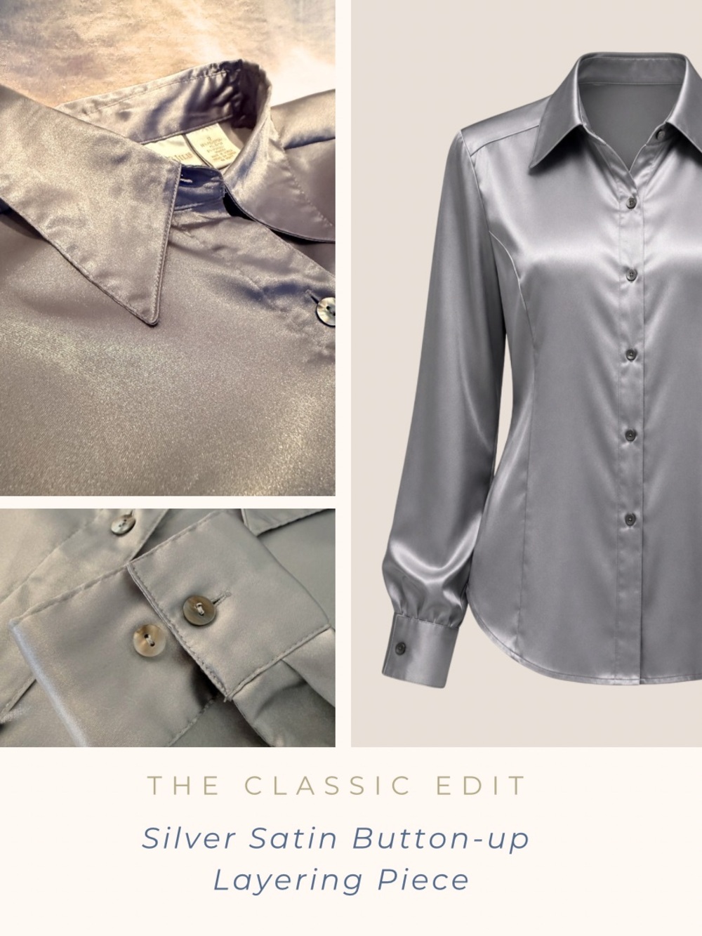 Silver Satin Button Up Blouse | Career Holiday | Evening Shirt | Layering